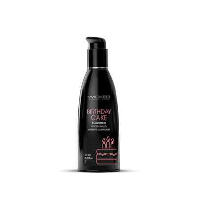 Black bottle of Wicked Sensual Care Birthday Cake flavored water-based intimate lubricant with pink text and cake icon, 2 oz.