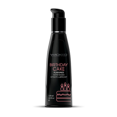Black pump bottle of Wicked Sensual Care Birthday Cake flavored water-based intimate lubricant, 4 oz.