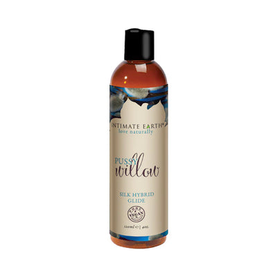 Bottle of Intimate Earth Pussy Willow Silk Hybrid Glide lubricant with natural-themed label and black cap