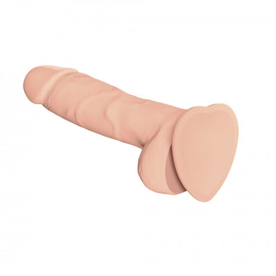 XL soft realistic dildo with pronounced glans, textured veins, firm testicles, and heart-shaped suction cup base in natural skin tone.