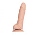 XL soft realistic dildo with pronounced glans, textured veins, firm testicles, and suction cup base in a natural skin tone.