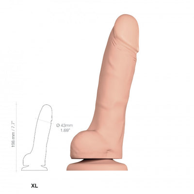 XL size soft realistic dildo in flesh tone with suction cup base and detailed texture, 7.7 inches long and 1.69 inches wide.