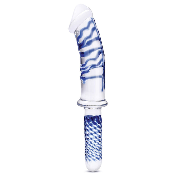 Clear glass double-ended dildo with blue swirl patterns and textured handle, 11 inches long.