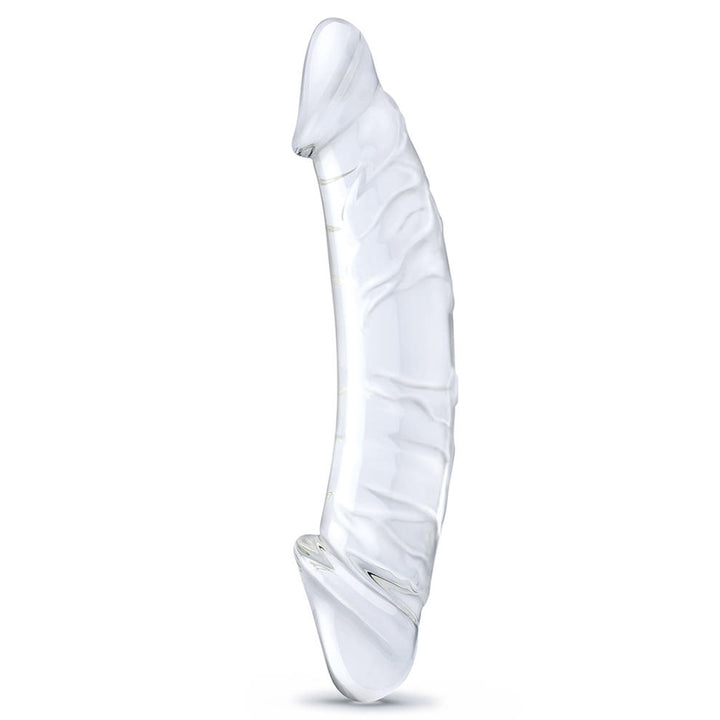 Clear glass double-ended realistic dildo with veined texture and curved design for dual stimulation.