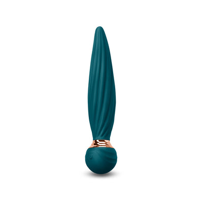 Teal silicone vibrator with a twisted shaft design and rose gold accent on the rounded base.