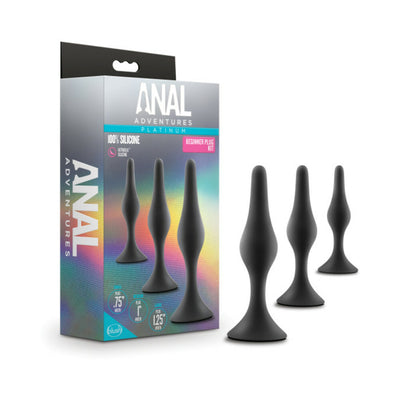 Blush Anal Adventures Platinum Silicone Beginner Plug Kit with three black tapered plugs in small, medium, and large sizes.