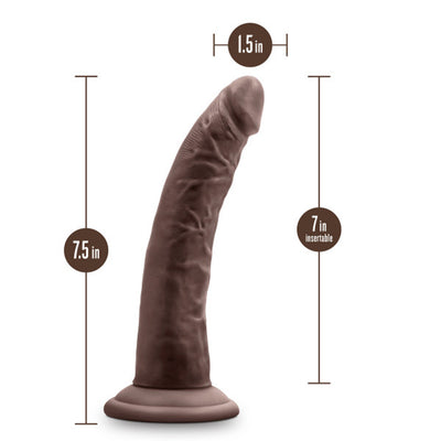 Realistic 7.5-inch dark brown dildo with 1.5-inch diameter and suction cup base, showing detailed texture and curved shape.