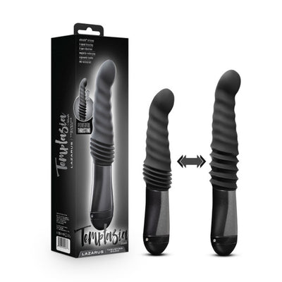 Black Temptasia Lazarus thrusting dildo with ribbed curved shaft and ergonomic handle shown with packaging and motion illustration.