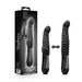 Black Temptasia Lazarus thrusting dildo with ribbed curved shaft and ergonomic handle shown with packaging and motion illustration.