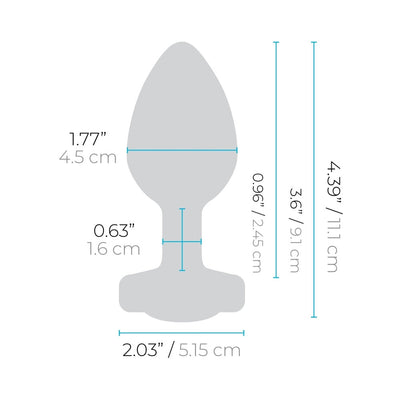 Diagram showing dimensions of a vibrating plug with measurements in inches and centimeters for width, length, and neck diameter.