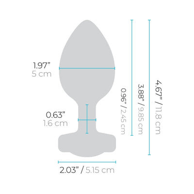 Diagram of B-Vibe Vibrating Jewel Plug 2XL with detailed dimensions in inches and centimeters.