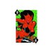 Queen of spades playing card featuring a stylized red devil woman in black attire with a green patterned background.