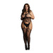 Plus size model wearing black lace suspender bodystocking with floral pattern and round neck, paired with black heels.