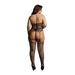 Curvy woman wearing black fishnet strappy suspender bodystocking with attached stockings and high heels, back view.