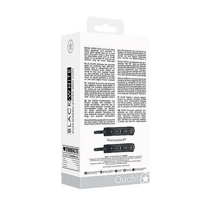 Packaging box of Ouch! Black & White plush bonded leather hand cuffs with product details and images.