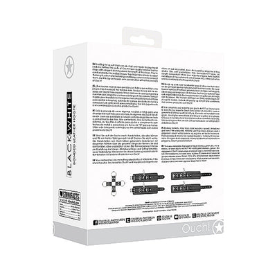 Packaging box of Ouch! Black & White Bondage Leather Hogtie with hand and ankle cuffs shown from the back with product details.