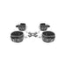 Black and white leather hogtie set with adjustable hand and ankle cuffs connected by metal rings and buckles.