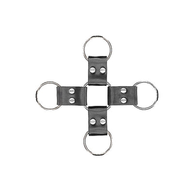 Black leather hogtie with metal rings and rivets arranged in a cross shape for secure restraint.