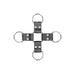 Black leather hogtie with metal rings and rivets arranged in a cross shape for secure restraint.