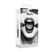 Packaging of Black & White silicone ring gag with adjustable bonded leather straps shown on a monochrome image of a mouth.