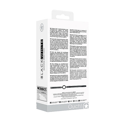 Packaging box of Ouch! Black & White silicone ring gag with bonded leather strap, featuring product details and usage instructions.