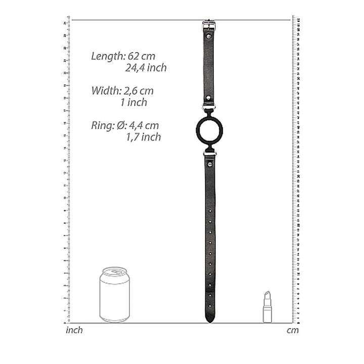 Black and white silicone ring gag with adjustable leather strap and metal clasp, shown with size measurements.