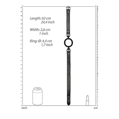 Black and white silicone ring gag with adjustable leather strap and metal clasp, shown with size measurements.