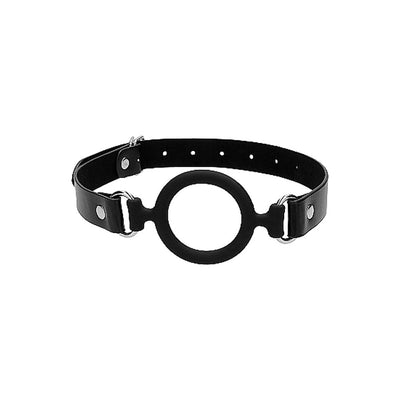 Black and white silicone ring gag with adjustable bonded leather strap and metal clasp on white background
