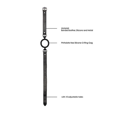 Black and white silicone O-ring gag with bonded leather strap and metal buckle, featuring 10 adjustable holes for secure fit.