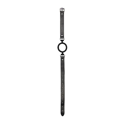 Black and white silicone O-ring gag with adjustable bonded leather strap and metal buckle clasp.