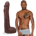 Lifelike 11-inch dark ULTRASKYN dildo with suction cup next to a tattooed man in gray underwear and gold chain.