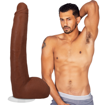 Dark brown 11-inch dual density dildo with lifelike texture and suction cup next to shirtless man posing in gray underwear.