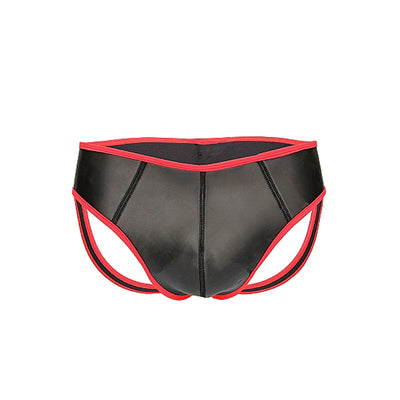 Black neoprene jockstrap with red trim and open back design, size small/medium.