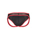Black neoprene jockstrap with red trim and open back design for size S/M.