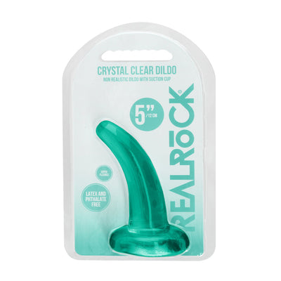 Curved teal crystal clear non-realistic dildo with suction cup in clear retail packaging.