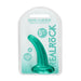 Curved teal crystal clear non-realistic dildo with suction cup in clear retail packaging.
