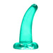 Clear teal curved dildo with suction base, 4.5 inches long, made from body-safe TPE material.