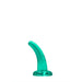 Clear teal curved dildo with suction base for versatile hands-free use, made from body-safe TPE material.
