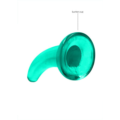 Teal curved non-realistic dildo with suction cup base for hands-free or harness use.