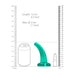 Teal curved non-realistic dildo with suction base shown next to size comparison of soda can and lipstick.
