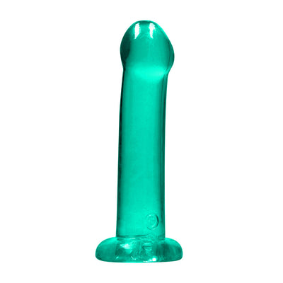Turquoise translucent non-realistic dildo with suction base, 6.7 inches long, made from body-safe TPE material.