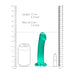 Turquoise non-realistic dildo 6.7 inches tall with suction base, shown next to size comparison illustrations and rulers.