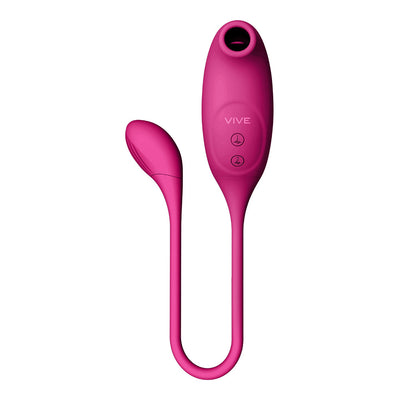 Pink Vive Quino Air Wave and Vibrating Egg dual motor silicone vibrator with control buttons and flexible design.