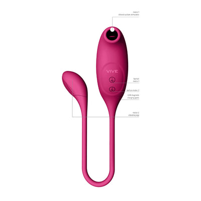 Pink Vive Quino Air Wave vibrator with clitoral suction stimulator and insertable vibrating egg, showing buttons and USB charging point.