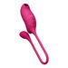 Pink dual-motor silicone vibrator with air wave suction and insertable vibrating egg, featuring control buttons.