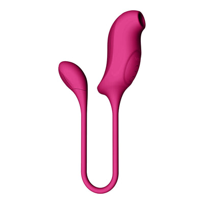 Pink dual-motor silicone vibrator with air wave suction and insertable vibrating egg connected by a flexible cord.