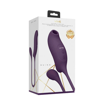 Packaging box of Vive Quino Air Wave and Vibrating Egg Vibrator in purple silicone with dual-action design shown on front and side.