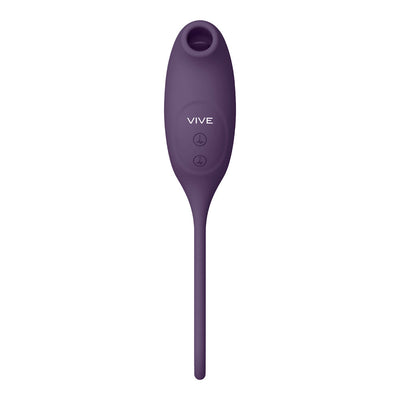 Purple Vive Quino Air Wave and Vibrating Egg dual-motor silicone vibrator with control buttons and elongated tail.