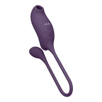 Purple dual-motor silicone vibrator with air wave suction and insertable vibrating egg, featuring two control buttons.