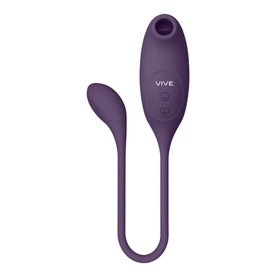 Purple dual-motor silicone vibrator with air wave suction and insertable vibrating egg design.